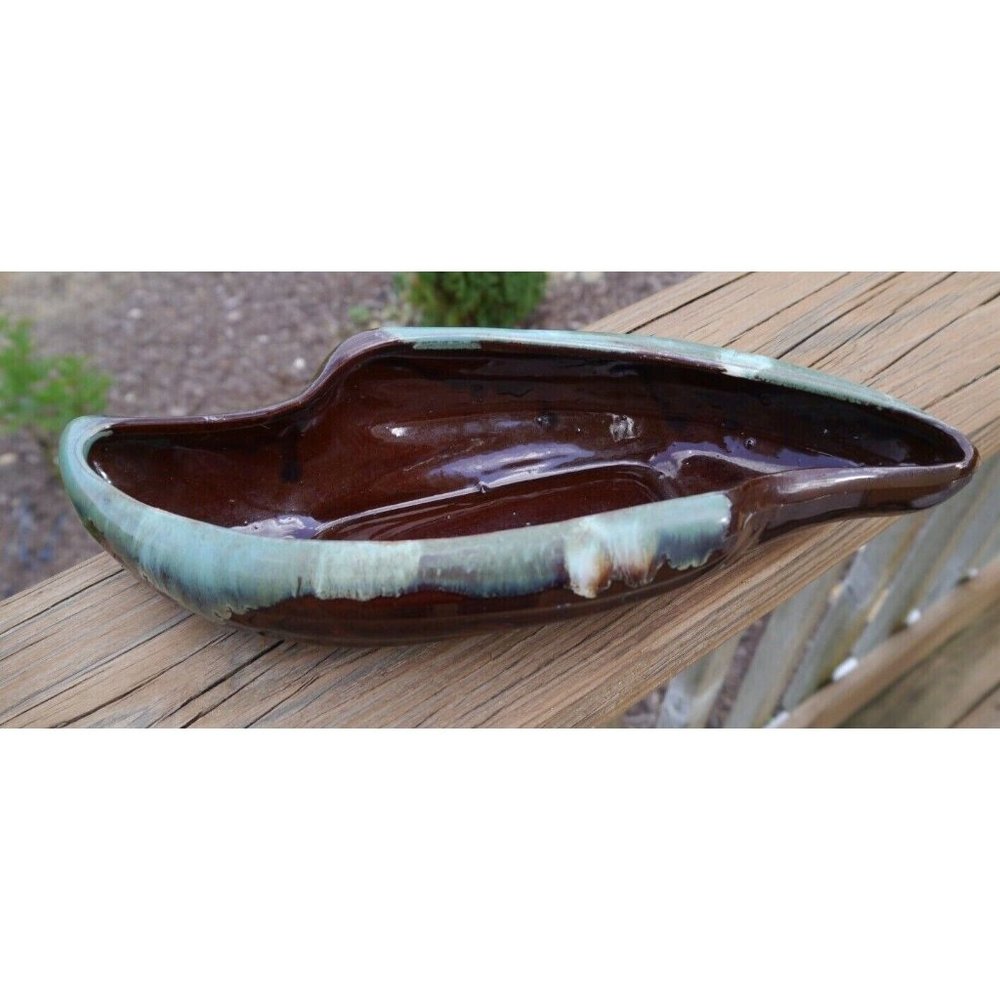 Vintage Redware Pottery Planter Enesco Japan Brown Turquoise Drip Glaze Dish MCM